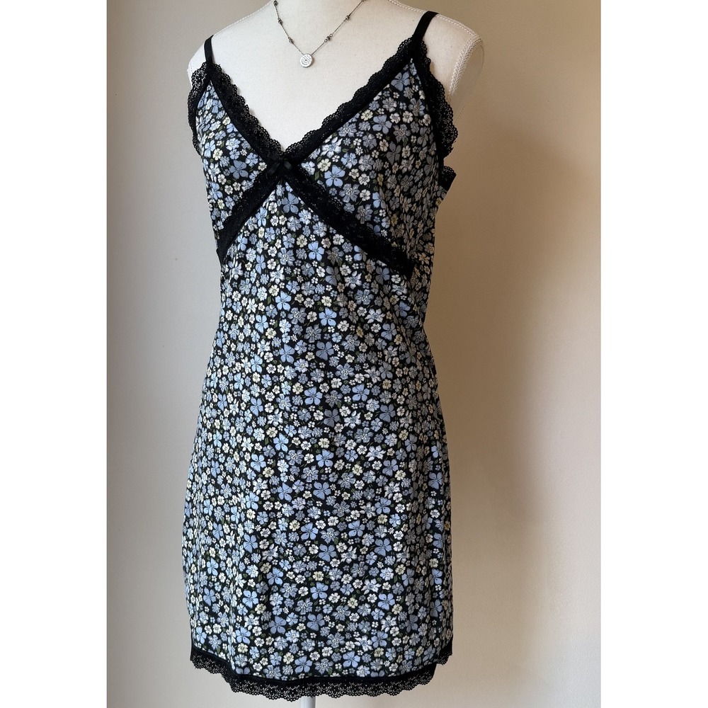 Divided Babydoll Nightgown Mini Dress Large Blue Floral Lace Fairy